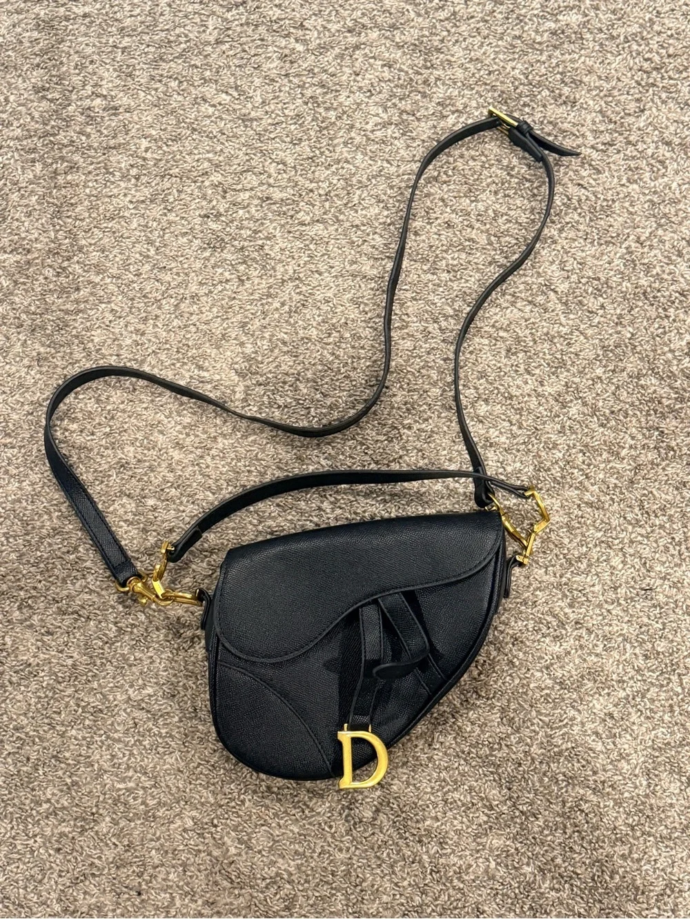 Designer-Inspired Black Saddle Crossbody Bag with Gold Hardware